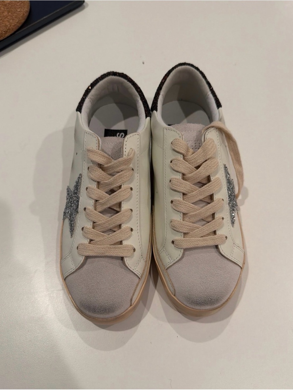 White Leather Sneakers with Silver Star Accent